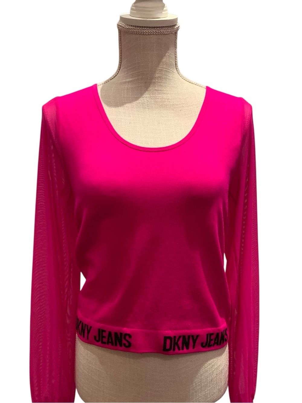 🩷DKNY JEANS🩷MESH-SLEEVE, LOGO TRIM, SCOOP NECK BLOUSE. NWOT. - Picture 3 of 10